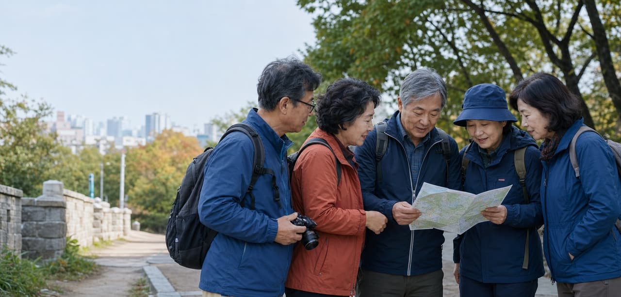 서울 산책길에서 지도를 함께 보며 다음 활동을 계획하는 시니어 다섯 명